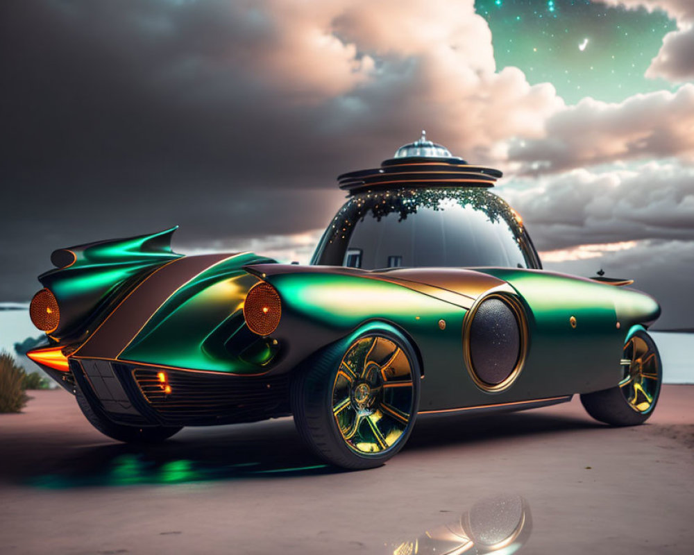 Futuristic green car with glowing wheels under aurora-lit dusk sky