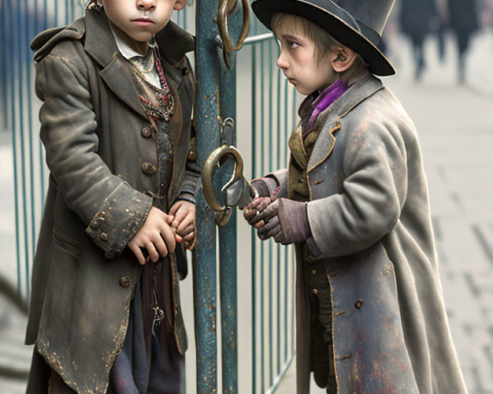 Vintage clothing children with hat and shackles, one at gate.