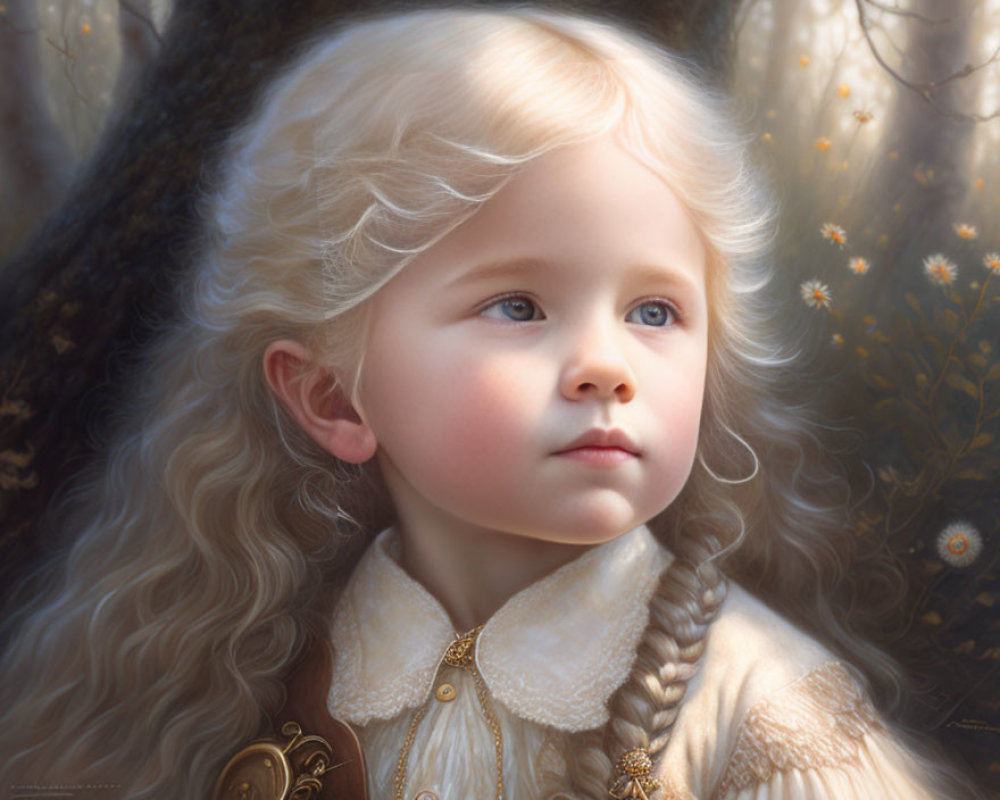 Young child portrait with curly blonde hair, fair skin, blue eyes, vintage cream attire, and floral