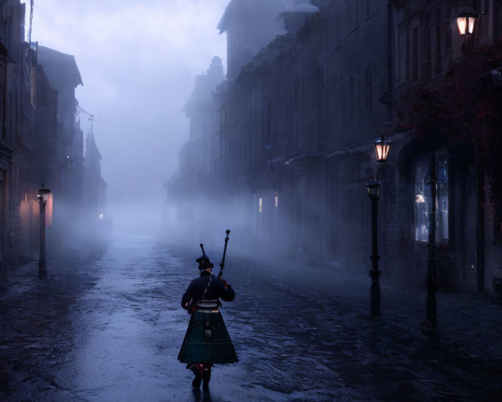 Traditional bagpiper in attire on misty cobblestone street at twilight