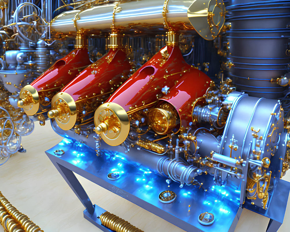 Futuristic 3D rendering of gold and red engine with blue lights