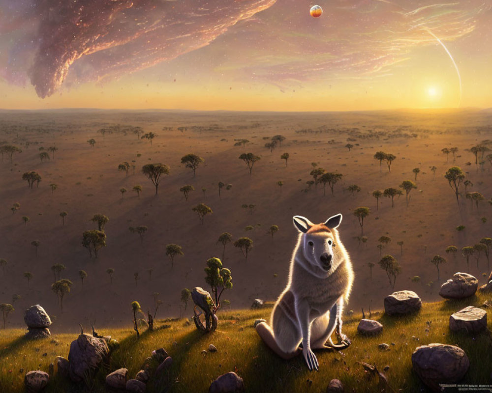 Surreal savanna landscape with kangaroo and cosmic sky