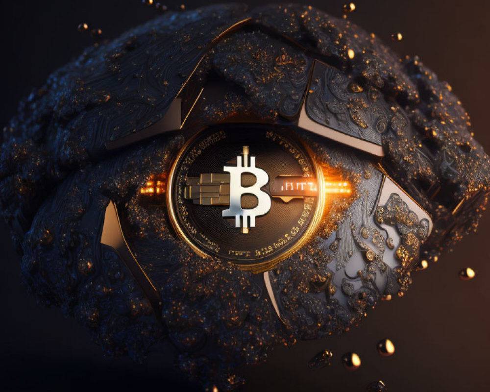 Fragmented Bitcoin symbol digital illustration with golden edges on dark background.