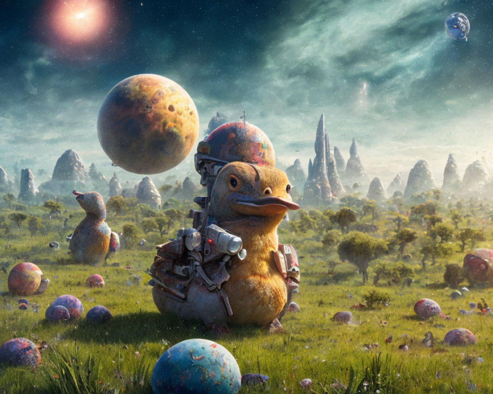 Anthropomorphic duck in spacesuit explores surreal alien landscape