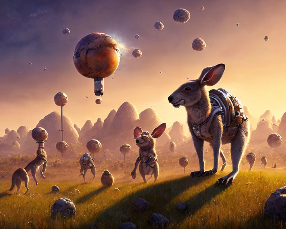 Surreal landscape: anthropomorphic kangaroos with backpacks in floating rocky spheres at sunset