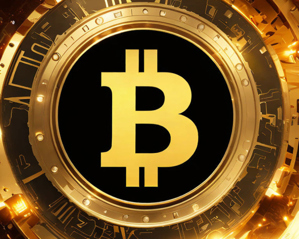 Golden Bitcoin Emblem in Futuristic Digital Interface