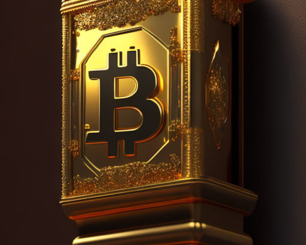 Intricate Golden Bitcoin Circuit Breaker on Brown Background