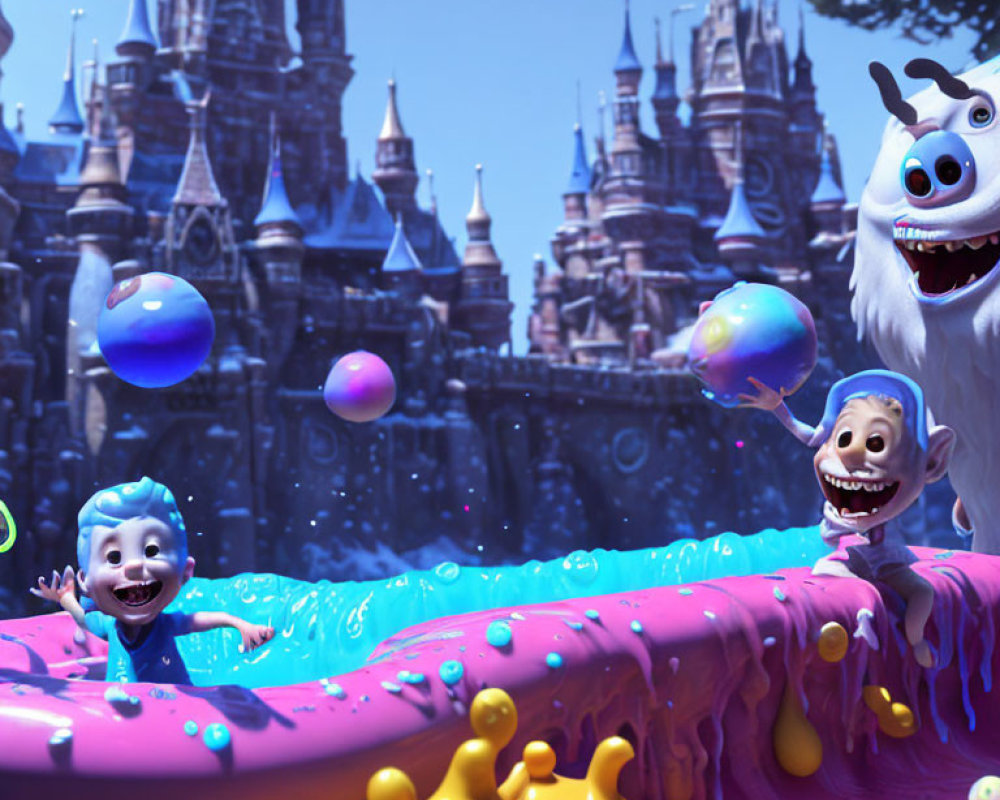 Whimsical world with animated characters and liquid splash fun