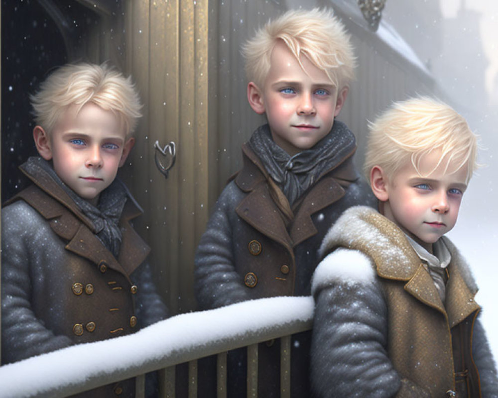 Three boys in winter coats by snowy fence