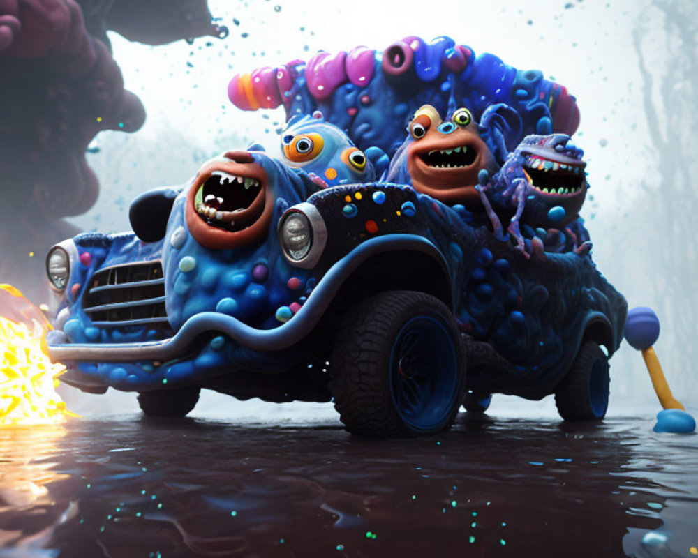 Colorful Car-Like Creature with Multiple Faces in Liquid Environment