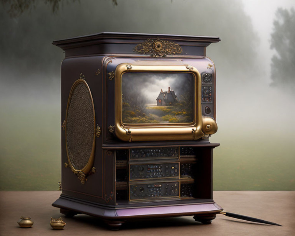 Vintage ornate television set on wooden surface in foggy backdrop