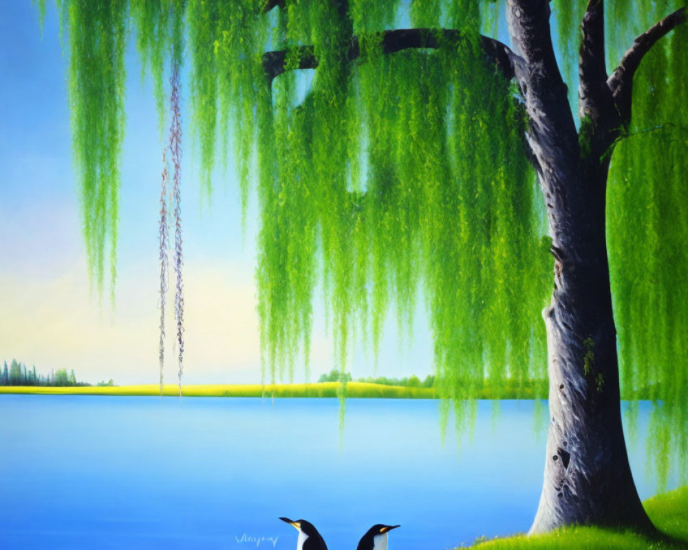 Tranquil landscape with weeping willow tree, blue lake, and silhouetted birds