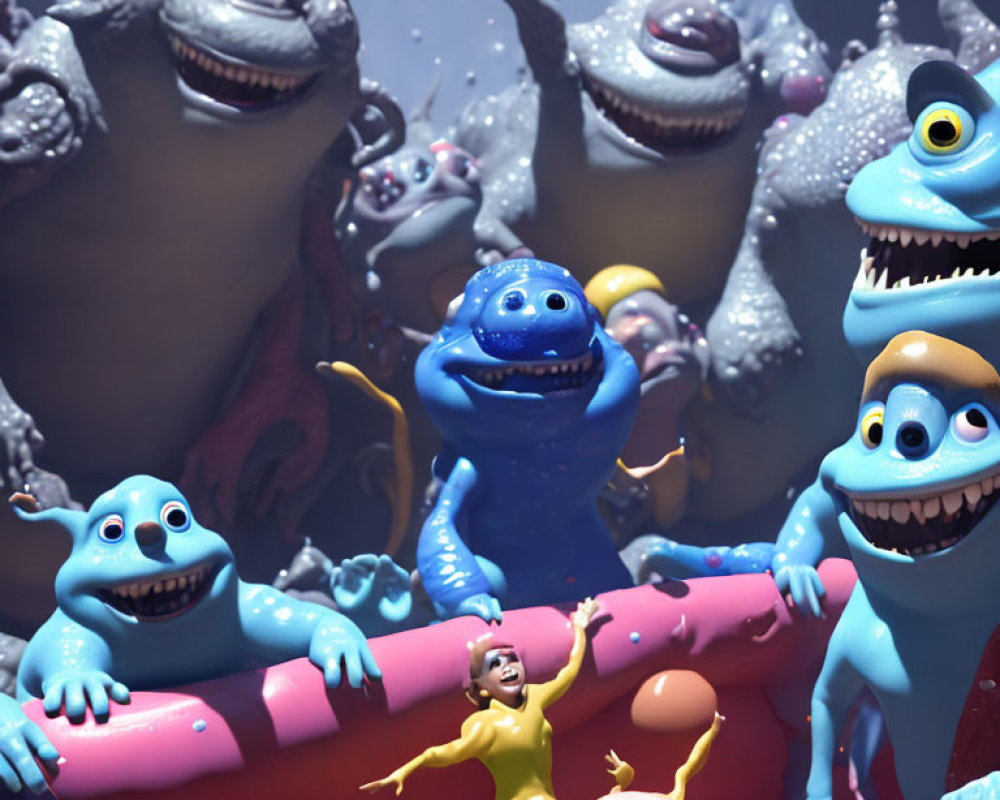 Colorful Animated Monsters Surround Human in Whimsical Scene