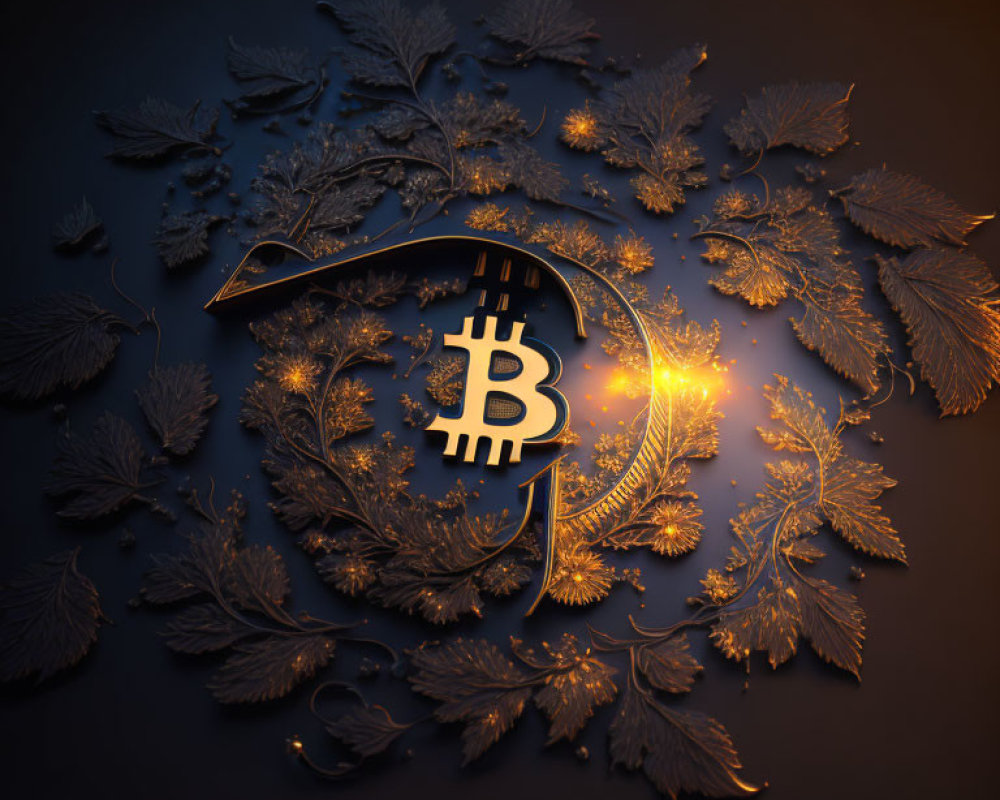 Luxurious Dark Setting with Illuminated Bitcoin Symbol and Ornate Leaves