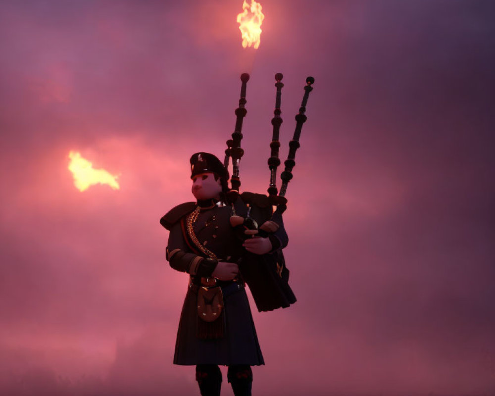 Traditional Scottish bagpiper playing bagpipes at dusk with lit torches in background