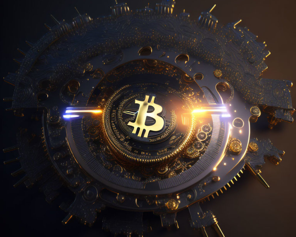 Detailed 3D rendering of intricate mechanical gear system with glowing Bitcoin symbol