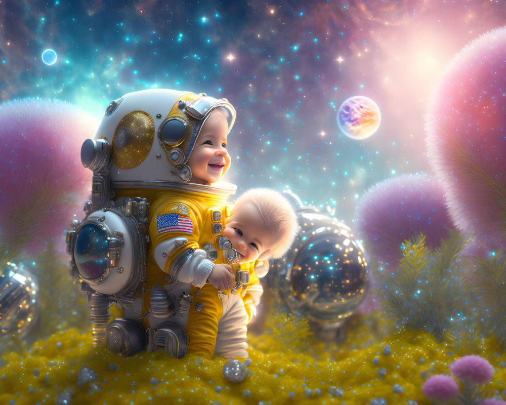 Toddler and Baby in Spacesuits Embrace in Cosmic Landscape