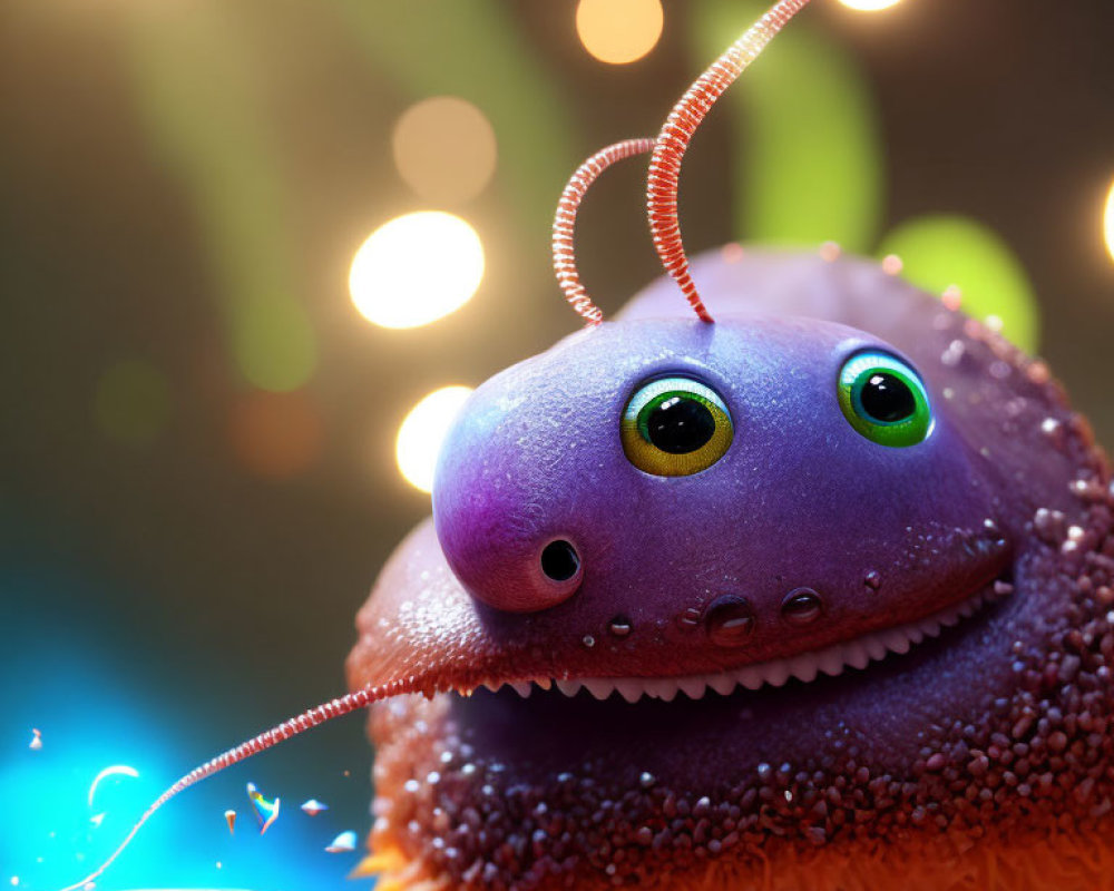 Cartoonish purple creature with green eyes and curly antennae on bokeh light background.