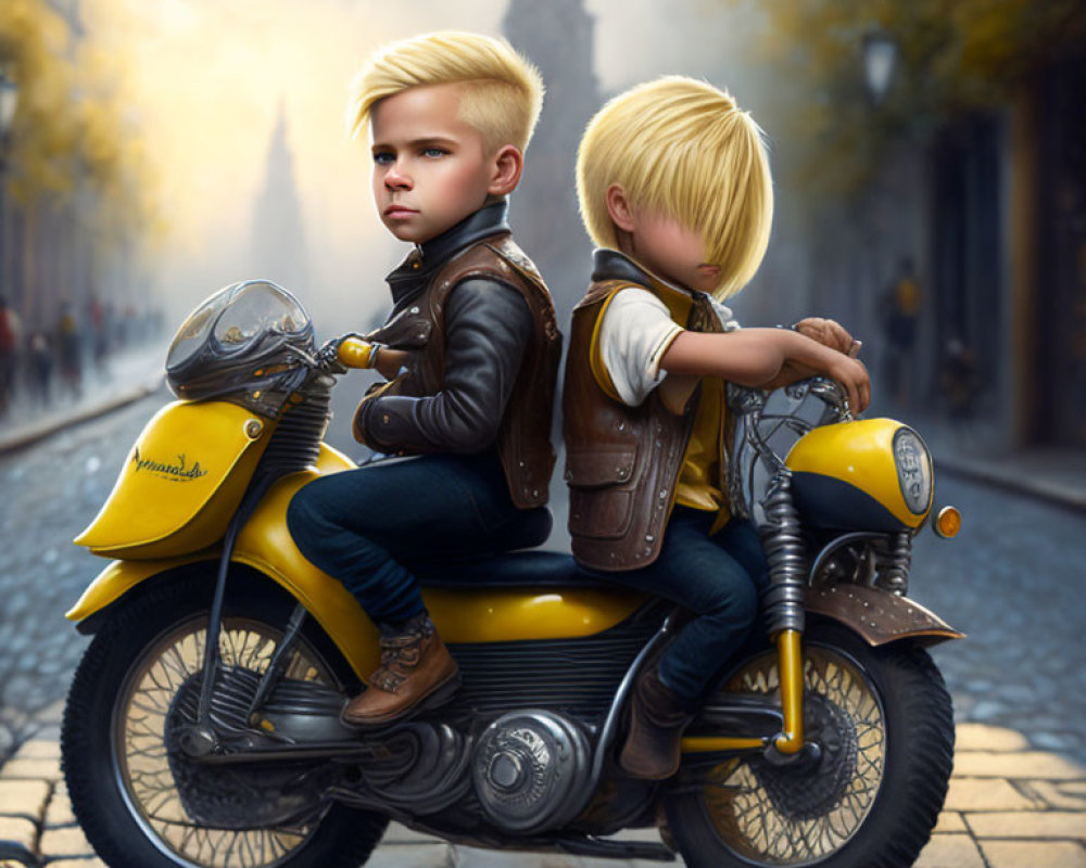 Animated children on vintage motorbike in old European setting