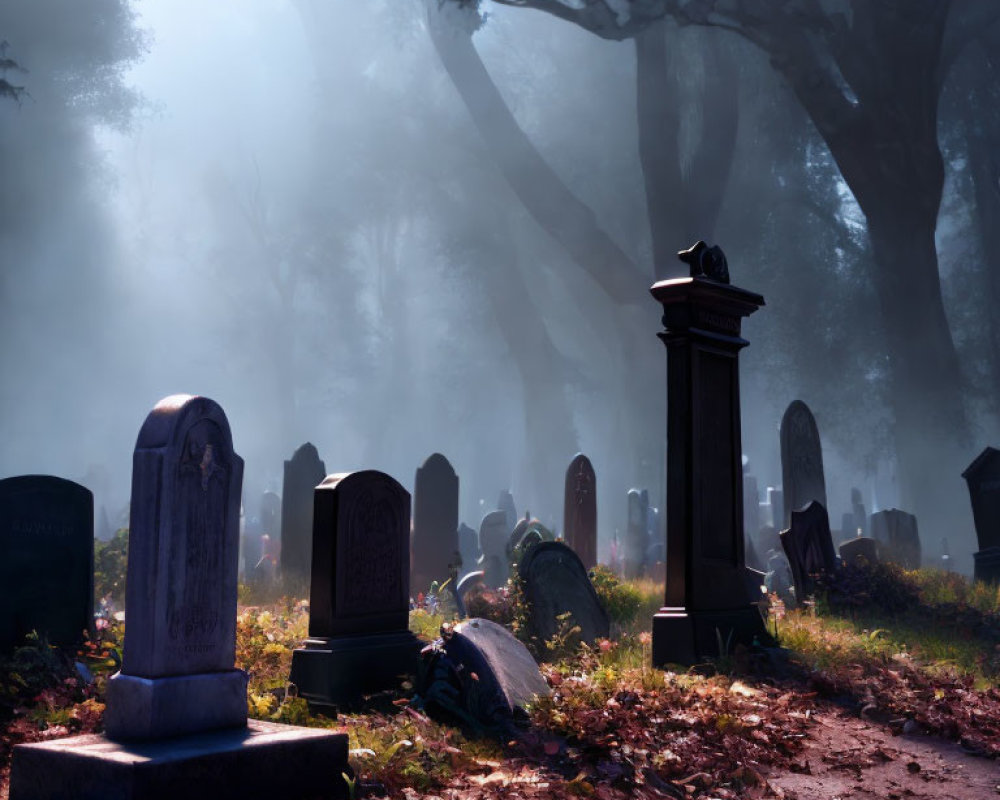 Misty graveyard with tombstones and shadowy trees