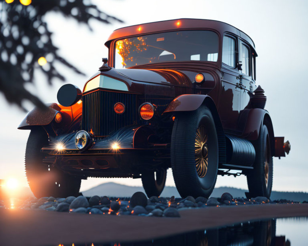 Classic Car Reflecting Headlights at Twilight by Water