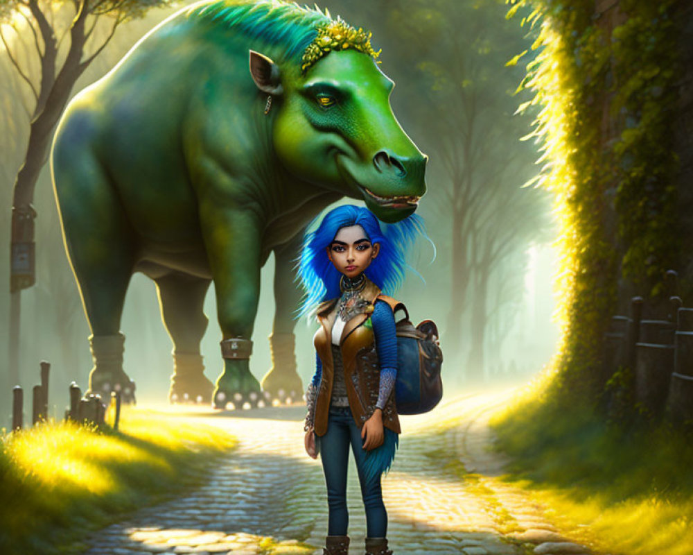 Illustration of young woman with blue hair and hippopotamus on sunlit path