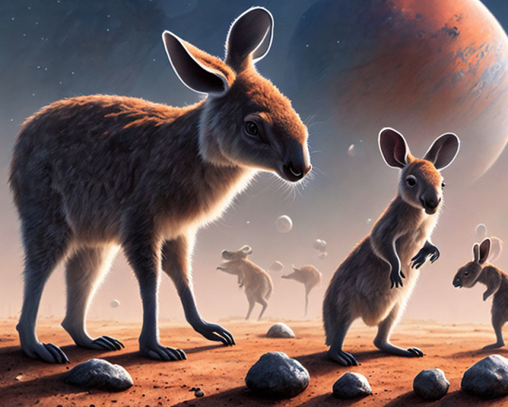 Three kangaroos on rocky alien landscape with multiple moons in background