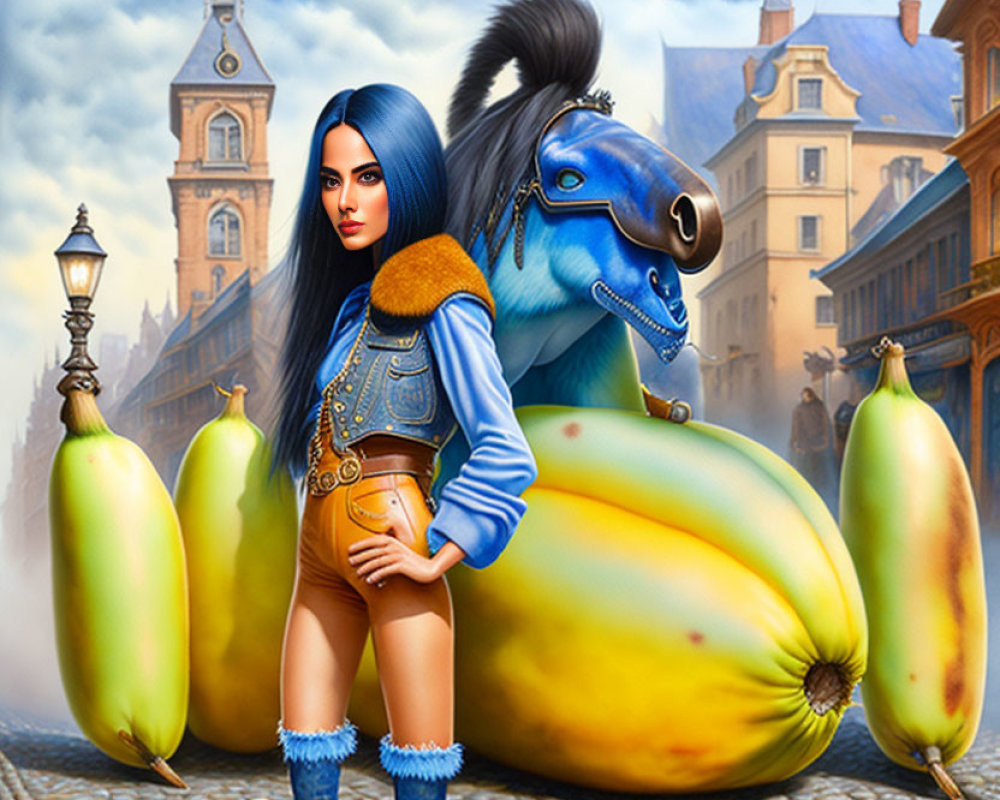 Blue-haired woman with bananas and blue horse in urban setting