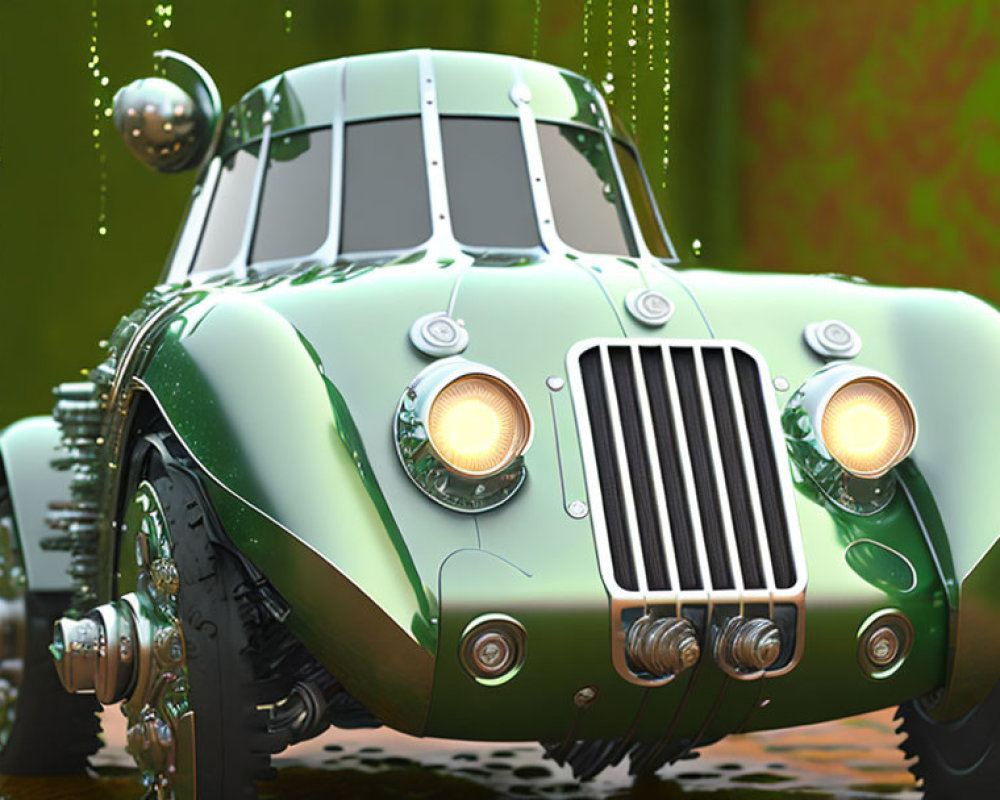 Vintage Green Car with Classic Round Headlights and Imposing Grille on Blurred Green Background