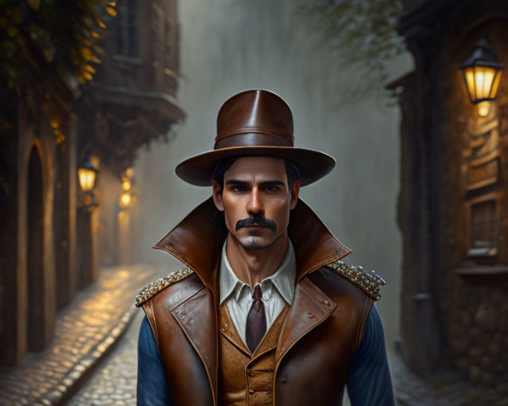 Man in vintage outfit on foggy cobblestone street among old buildings