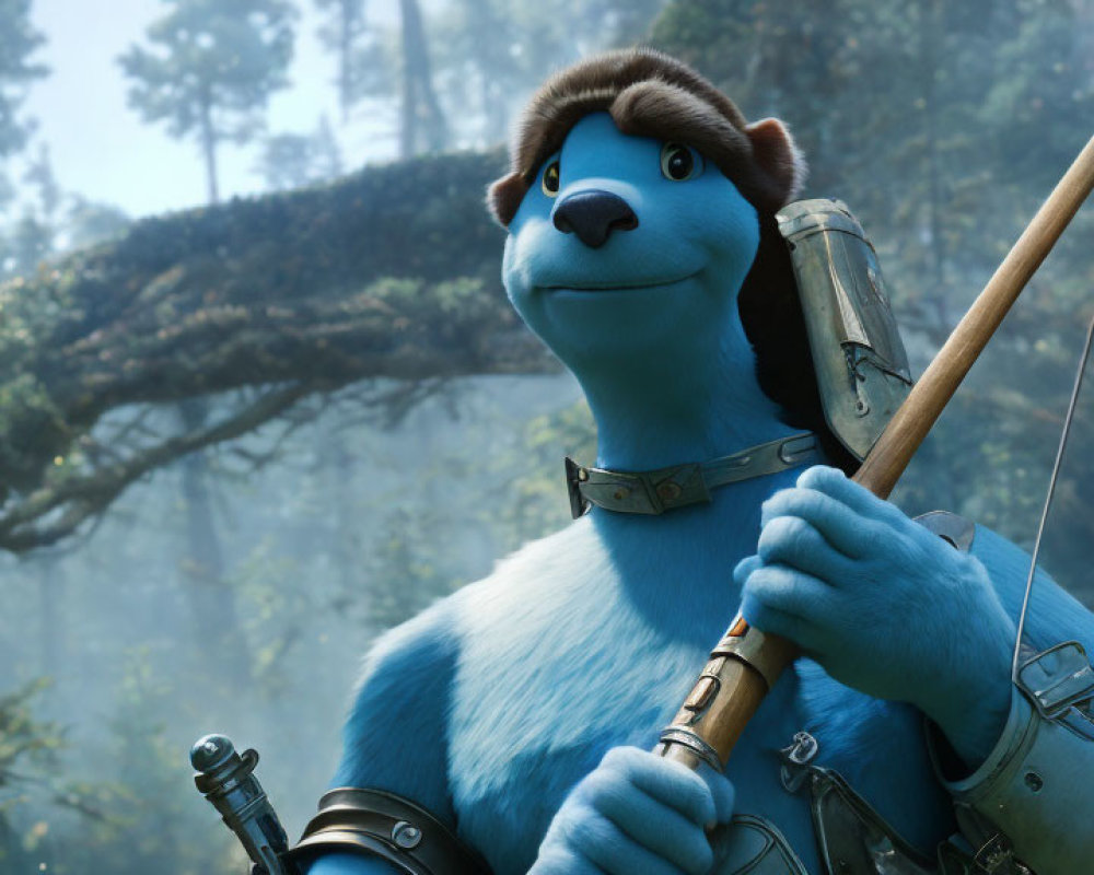 Blue animated bear with bow in forest ready for action