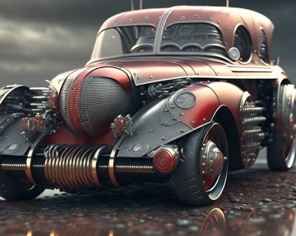 Vintage design futuristic car with exposed engines and metallic red finish