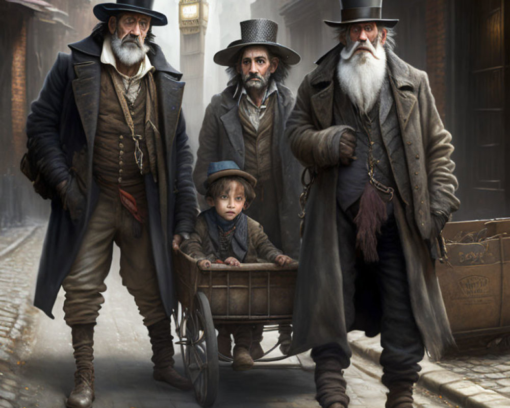 Elderly Men and Boy in Victorian Attire in Foggy Alleyway