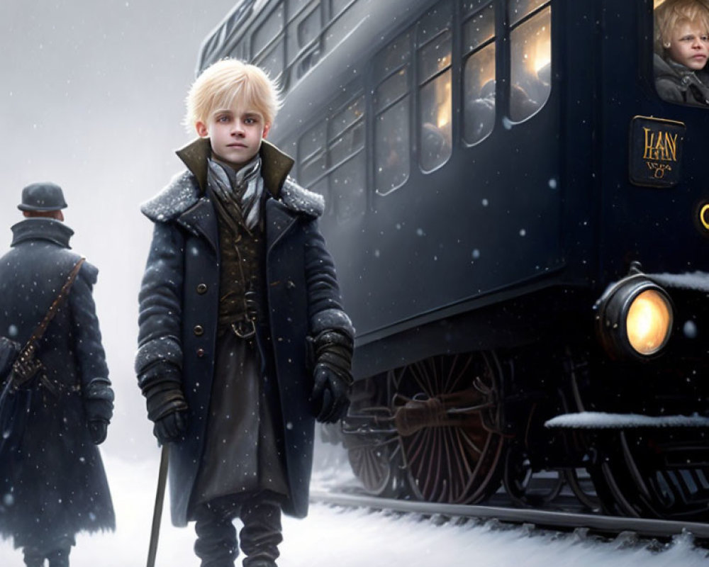 Child with pale hair in snow beside train and figure.