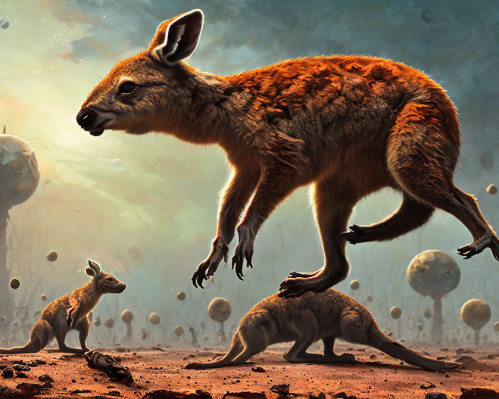 Surreal kangaroo illustration in fantastical landscape