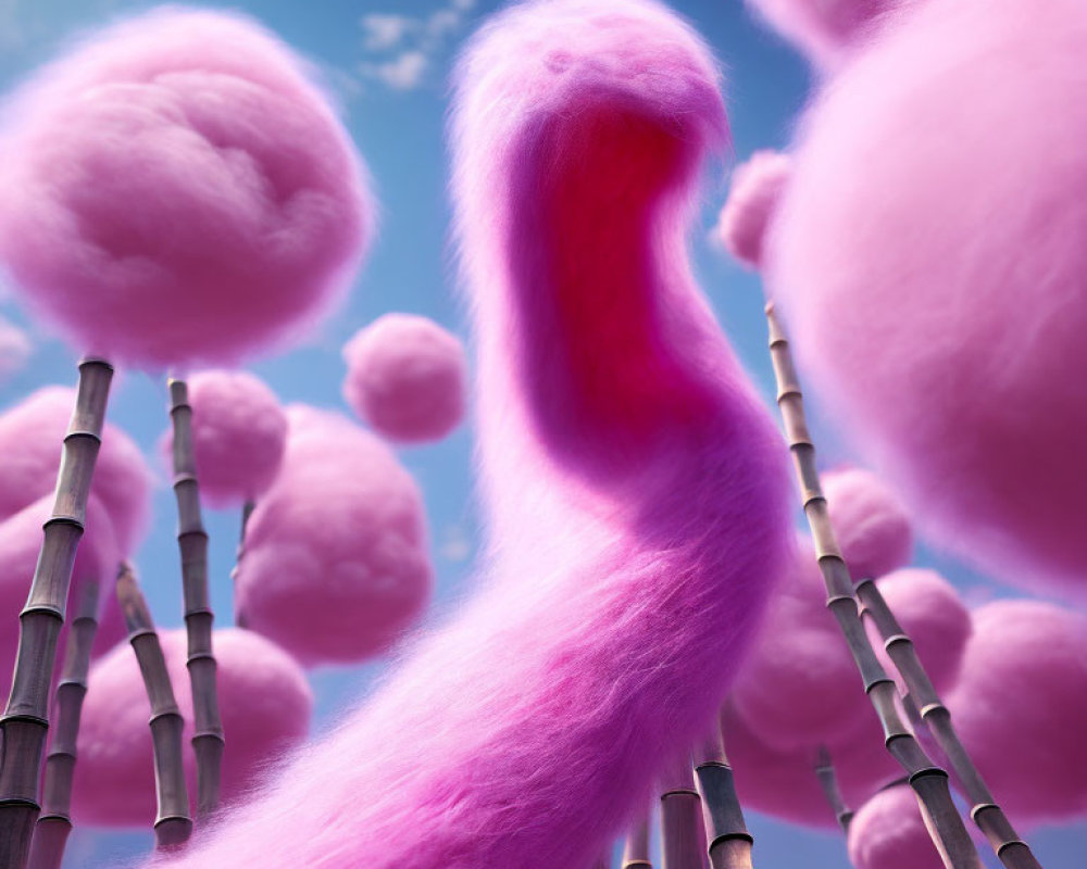 Whimsical landscape with bamboo-like structures and fluffy pink clouds under clear blue sky