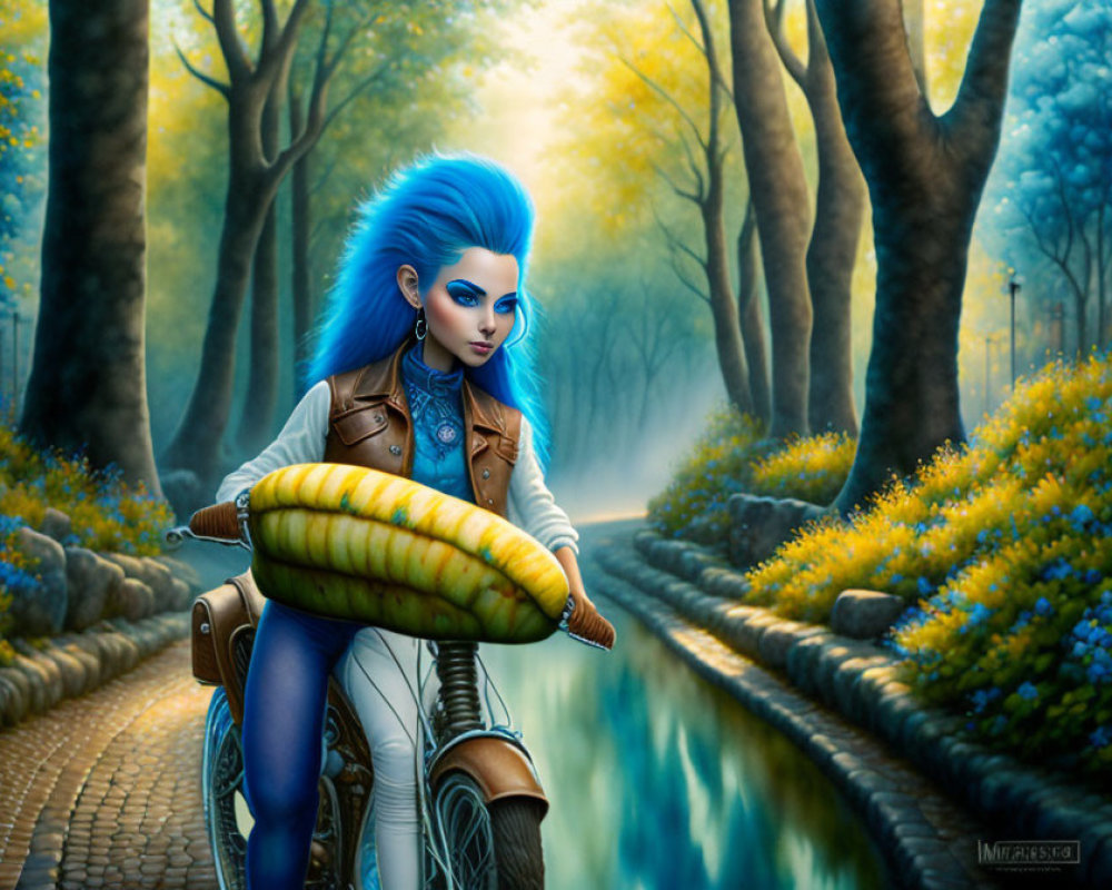 Blue-Haired Female Character with Giant Caterpillar on Vintage Bicycle in Fantastical Forest Setting