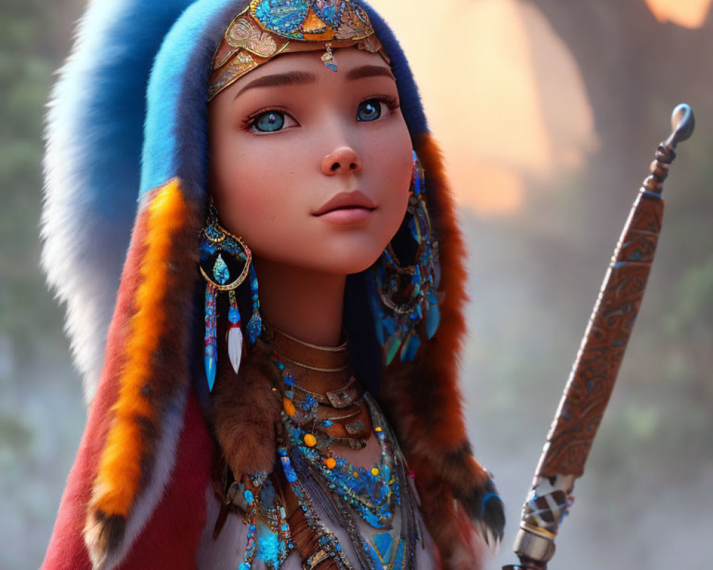 3D rendering of young girl in tribal headdress with blue eyes