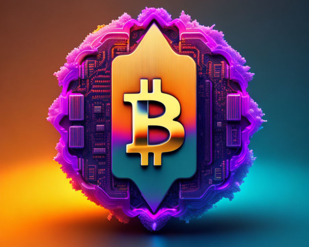 Gold Stylized Bitcoin Symbol with Neon Purple Outline