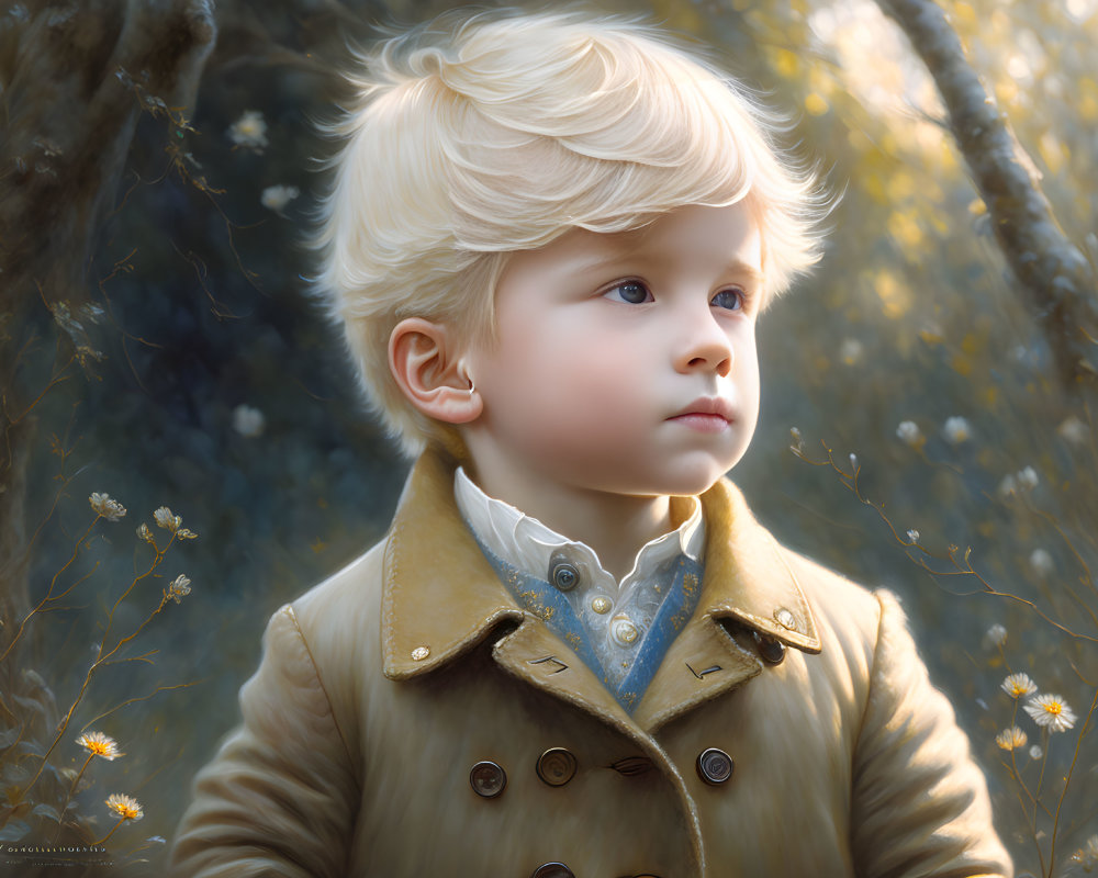 Blonde child in tan coat amidst golden foliage and white flowers