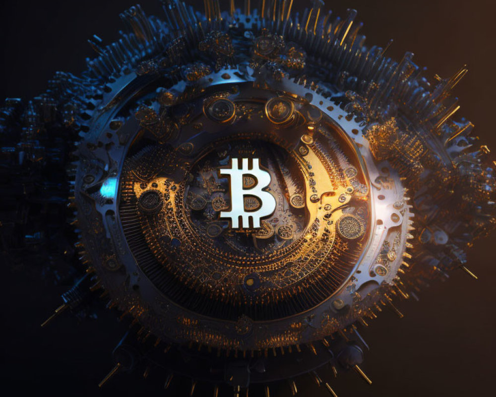 Detailed 3D-rendered mechanical sphere with glowing Bitcoin symbol