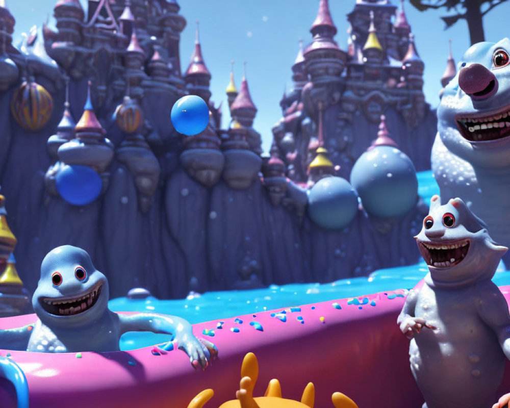 Whimsical blue creatures on inflatable structure with fantasy castle backdrop