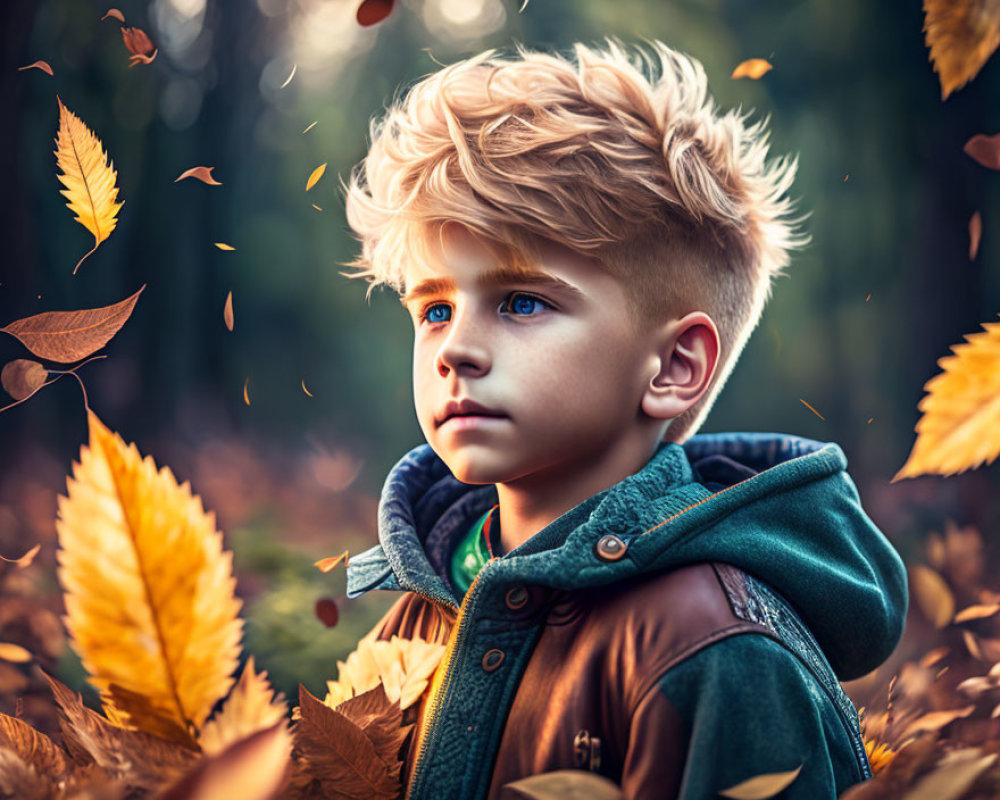 Young Boy with Blue Eyes and Blond Hair Surrounded by Autumn Leaves in Forest