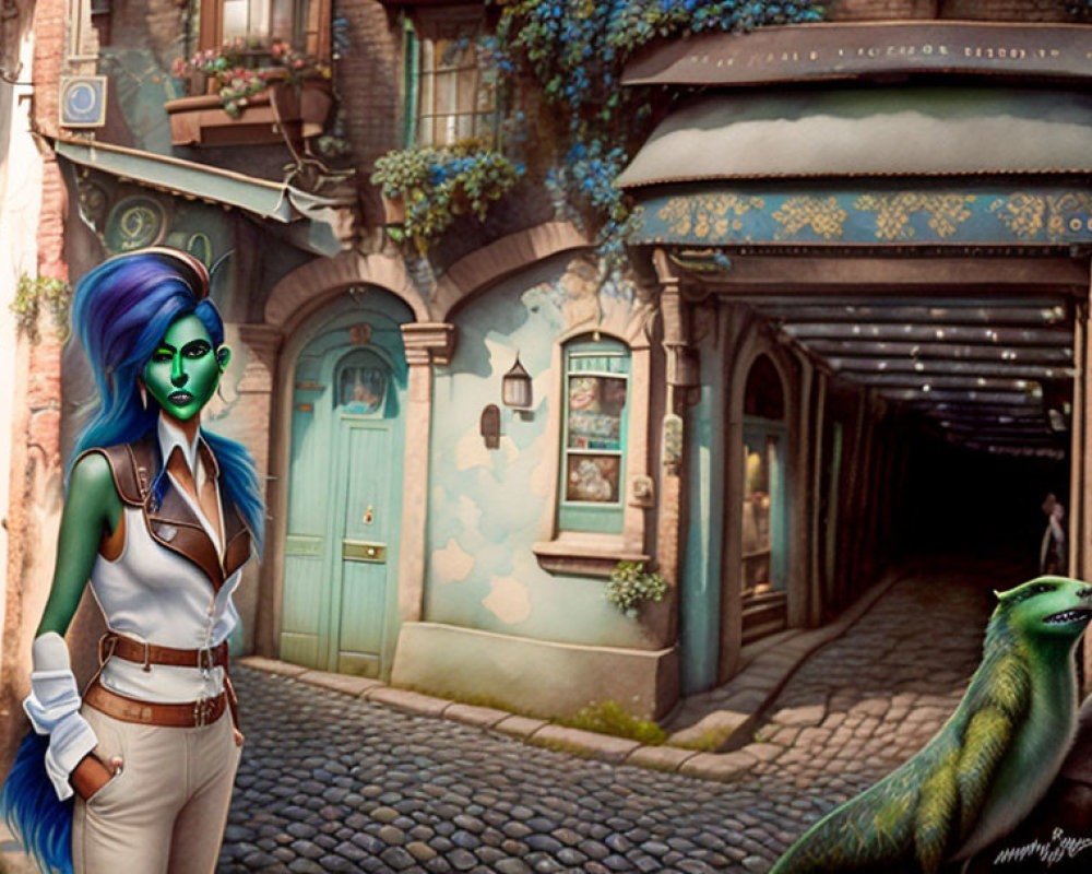 Fantasy street scene with blue-haired woman and lizard creature in modern attire