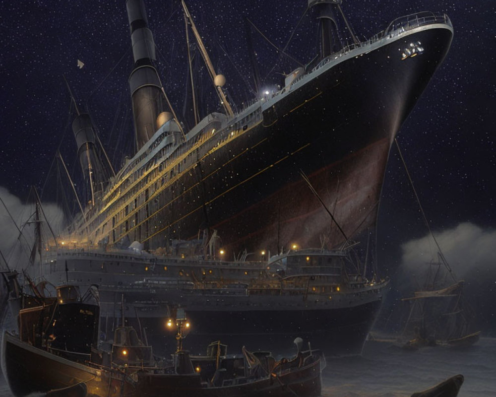 Artistic rendition of Titanic at sea with lifeboats under starry sky