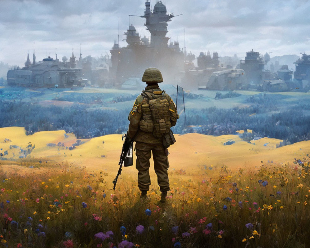 Soldier with rifle gazes at battlefield with tanks and explosions in flower-covered landscape under cloudy sky