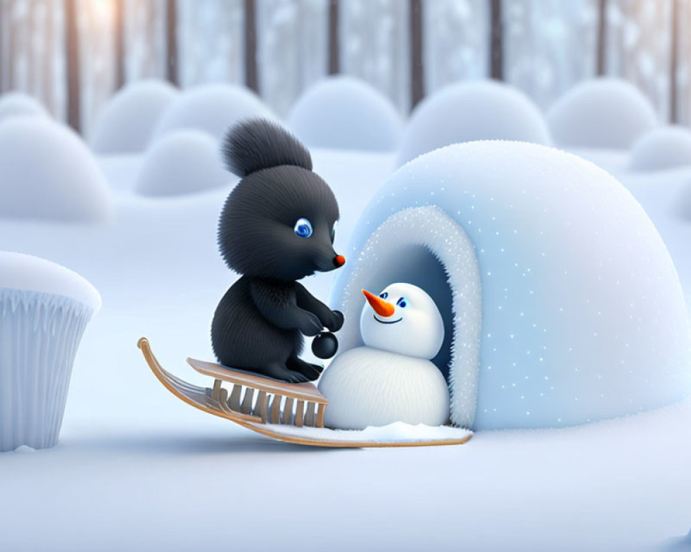 Black squirrel and snowman by igloo in snowy forest with wooden sled