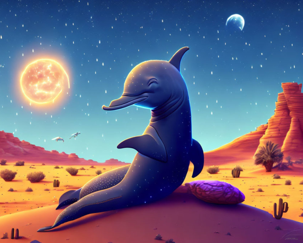 Starry-textured smiling dolphin in desert landscape with celestial elements.