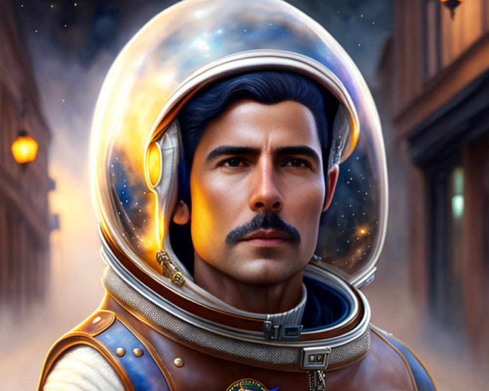 Man in space suit with reflective helmet in starry alleyway scene.