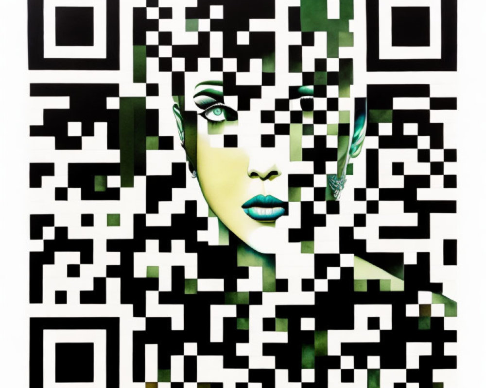 QR code with integrated woman's face pattern in green with striking eyes